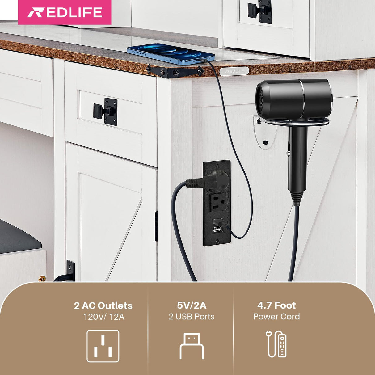 Redlife Farmhouse Vanity Desk with Mirror and Lights, 46" Vanity Set with Stool & Charging Station & Jewelry Cabinet - Makeup Vanity Desk with Glass Tabletop, 4 Drawers, Antique White Redlifeᅟᅠ