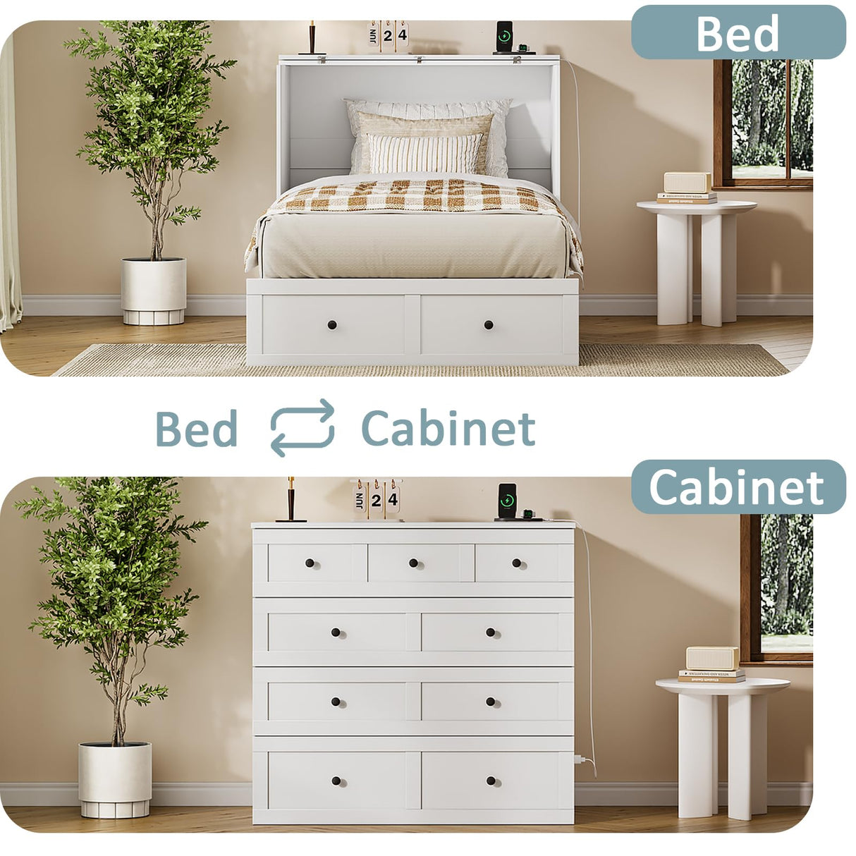 LIVAUVEAD Twin Murphy Bed with Built-in Charging Station, Space-Saving Murphy Bed Chest Twin with Drawer, Foldable, for Home Office Guest Room Bedroom White LIVAUVEAD