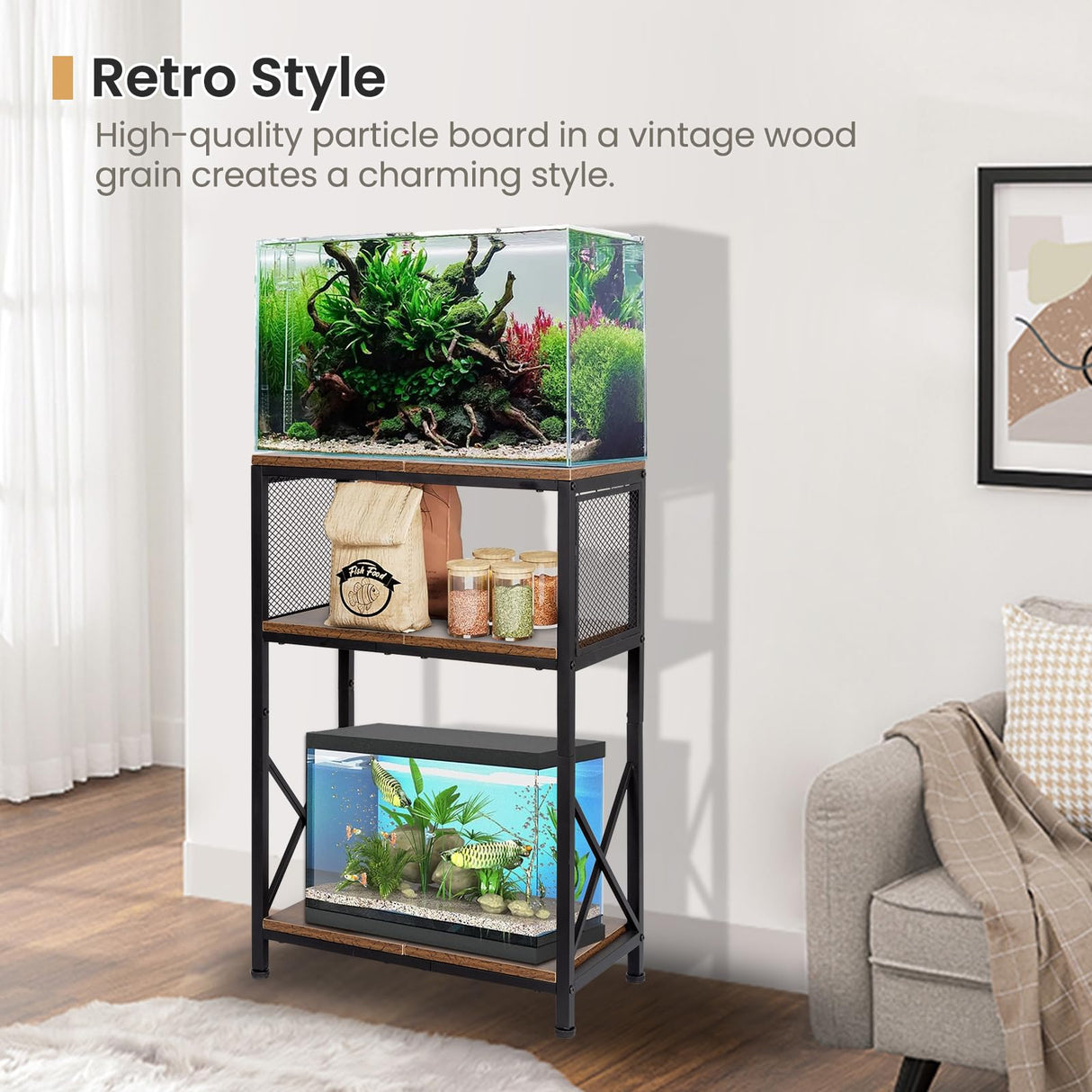 SwaaVee Aquarium Stand, 10 Gallon Fish Tank Stand with Storage, 3 Tier Metal Frame Cabinet Suitable for Fish Tank, Turtle Tank, Rustic Brown (10 Gallon) SwaaVee