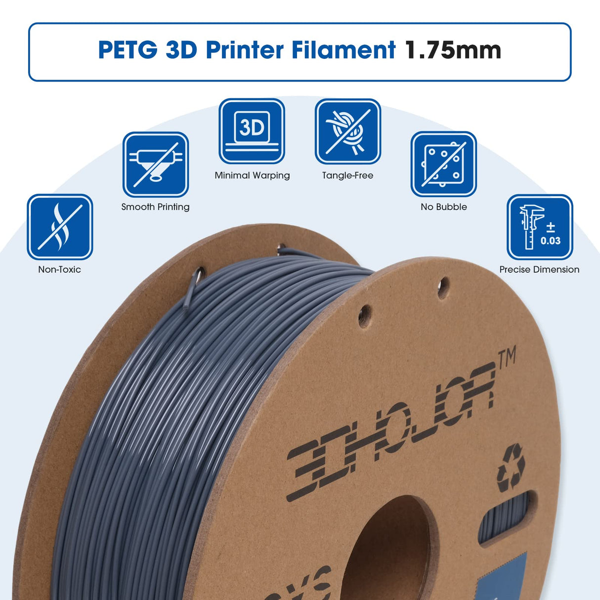 3DHoJor PETG Filament 1.75mm Grey, 3D Printing Filament 1kg Spool(2.2lbs), 3D Filament 1.75mm Dimensional Accuracy +/- 0.03mm Non Tangling Non Clogging Non Stringing,Print with Most 3D Printers 3DHoJor