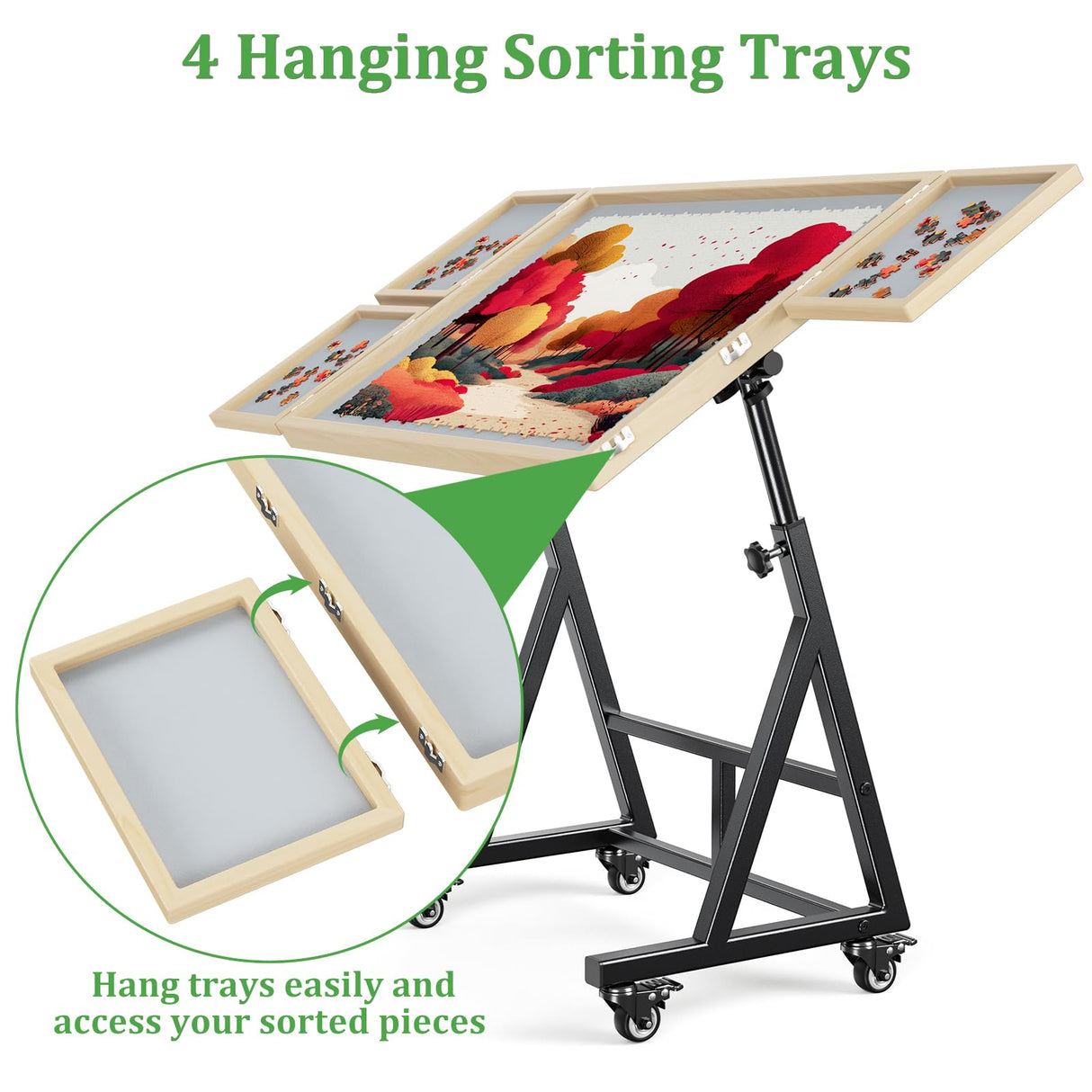 POKIPO 1500 Piece Jigsaw Puzzle Table with Legs, 36.61"x28.74" Adjustable Puzzle Table, 4 Hanging Trays, Puzzle Board with Wheels and PVC Cover for Adults and Families POKIPO