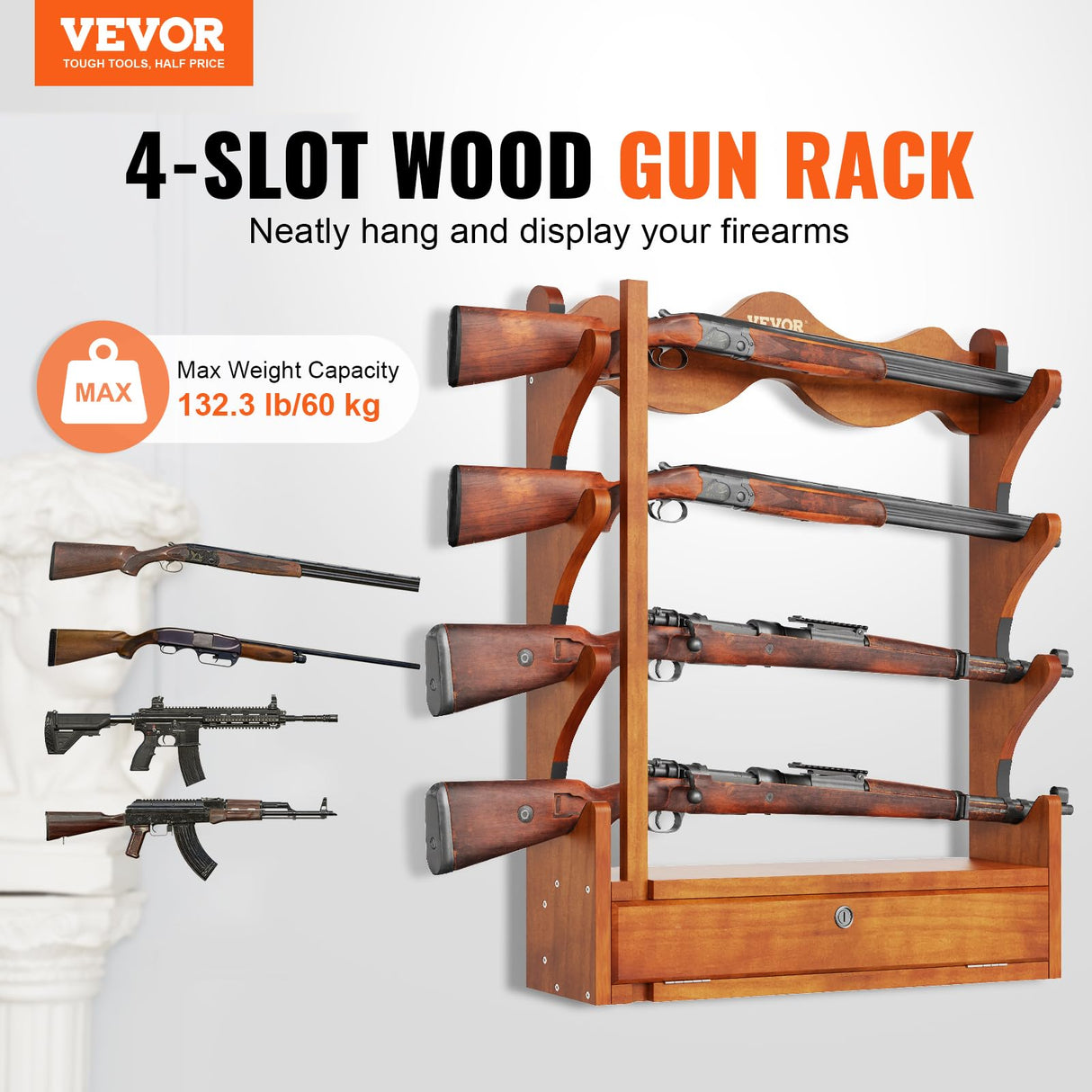 VEVOE Gun Rack, Wood Gun Rack Wall Mount, Gun Display Rack Holds 4 Rifles, Shotguns, 132 lb Heavy Duty Wall Storage Display Rifle Rack with Soft Padding VEVOR