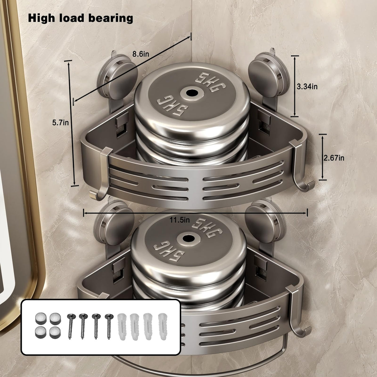 VOLPONE Corner Shower Caddy Suction Cup Shower Shelf Corner No Drilling Bathroom Shower Organizer Storage Rack Adhesive with Towel Bar Hooks (2-Pack, Matte Gray) VOLPONE