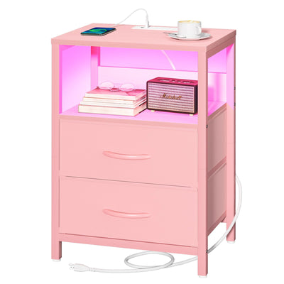 Yoobure Nightstand with Charging Station, LED Night Stand with Fabric Drawers and Storage Shelf for Bedroom, Nightstands Bedside Tables with USB Ports & Outlets, Small Night Stands, Bed Side Table