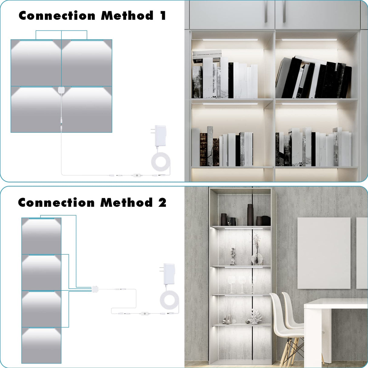 JUSJUBR 4-Pack Cold White Display Shelf Lights, Under Shelf Lighting with Memory Function, 12 Inch 6000K Plug-in Bookshelf Lighting, LED Cabinet Lights for Display Case/Pantry/Closet/Safe JUSJUBR