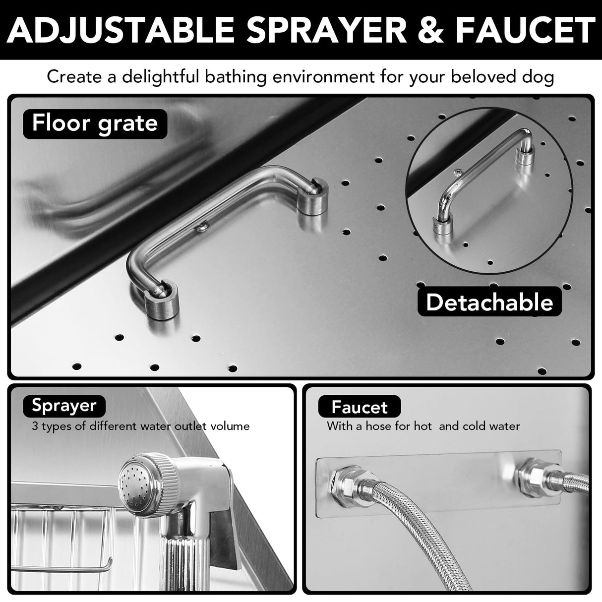 Dog Grooming Bathtub for Large Dogs, 50" Professional Dog Bathing Station, Pet Dog Washing Station for Home, Large Dog Bathtub with Removable Floor Grate, Steps, Faucet TROPOW