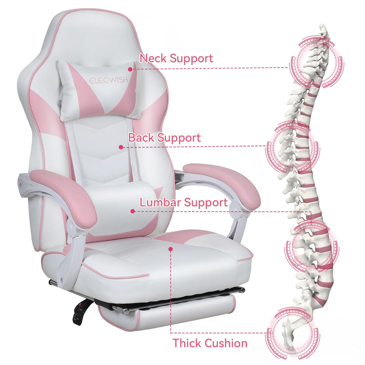 ARTETHYS Gaming Chair, Ergonomic High Back Racing PU Leather Computer Chair with Adjustable Footrest, Headrest and Lumbar Support and 90 to 150 Degree Tilt Pink ARTETHYS