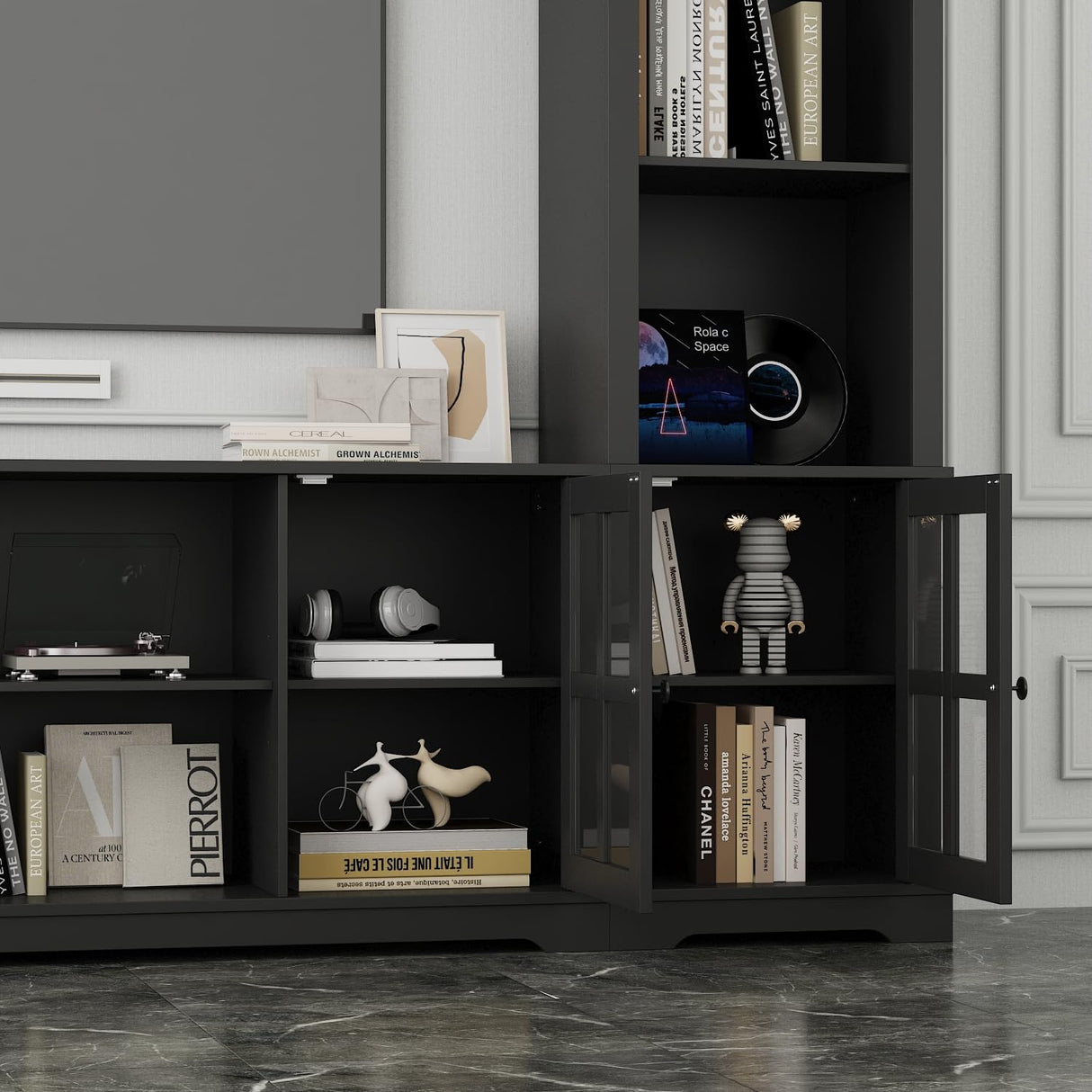 ROMSHINE Wall Unit Entertainment Center, TV Wall Units for Living Room with Storage, 102" W Large Farmhouse TV Stand with Glass Doors, Ajustable Bookshelf & Bridge for Bedroom, Black ROMSHINE