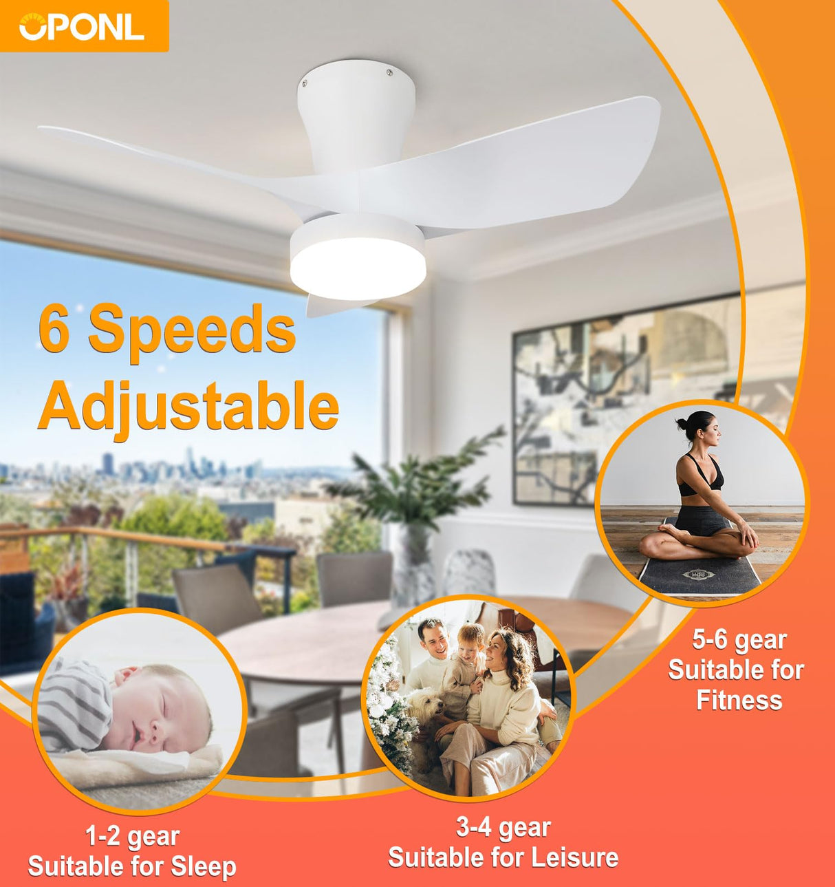 OPONL White Ceiling Fan with Light 30inch, Large Air Volume, Ceiling Fans with Lights for Bedroom Kitchen Dining room Patio OPONL