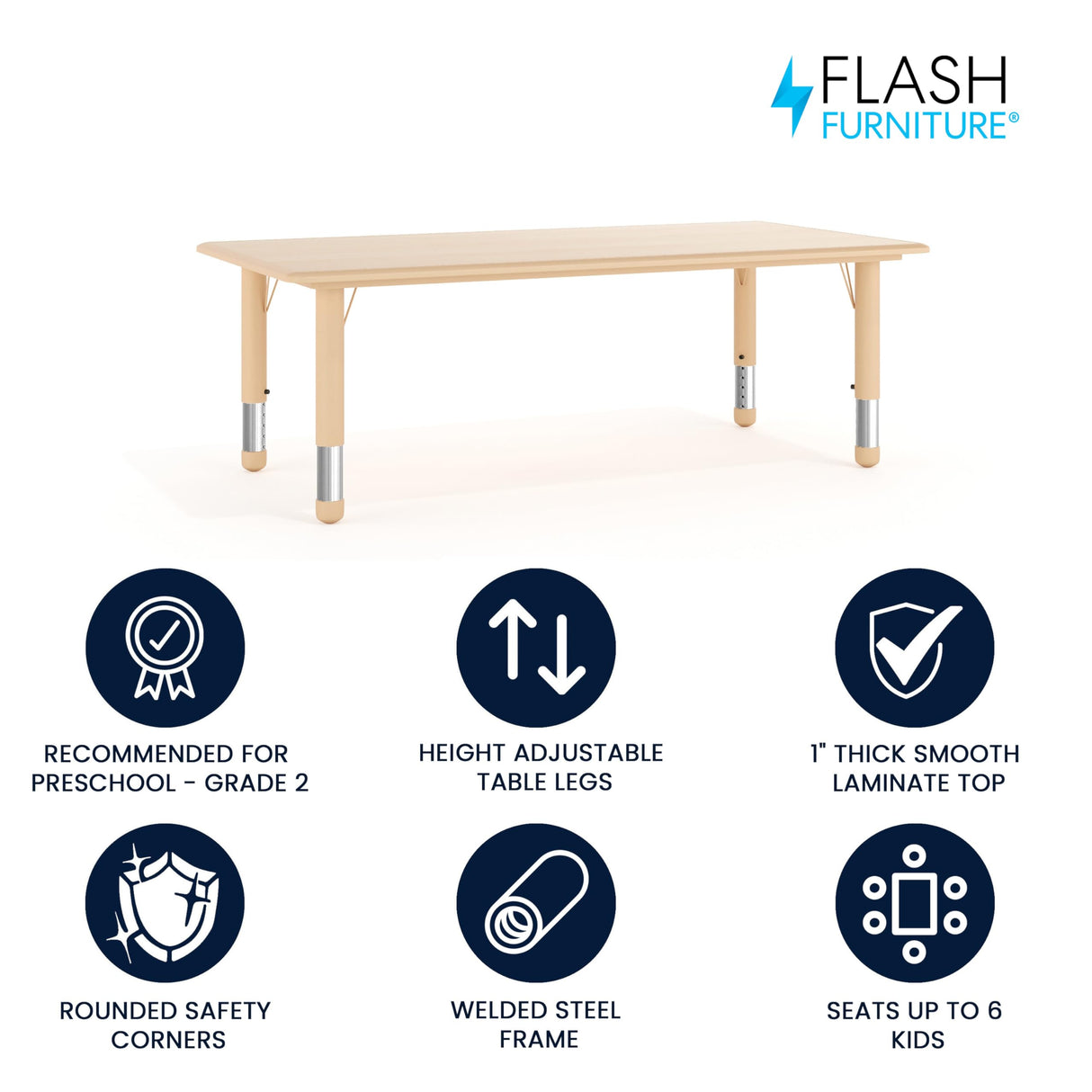 Flash Furniture Wren Adjustable Classroom Activity Table for School and Home, Plastic Activity Table for Kids, 23.625" W x 47.25" L, Natural Flash Furniture