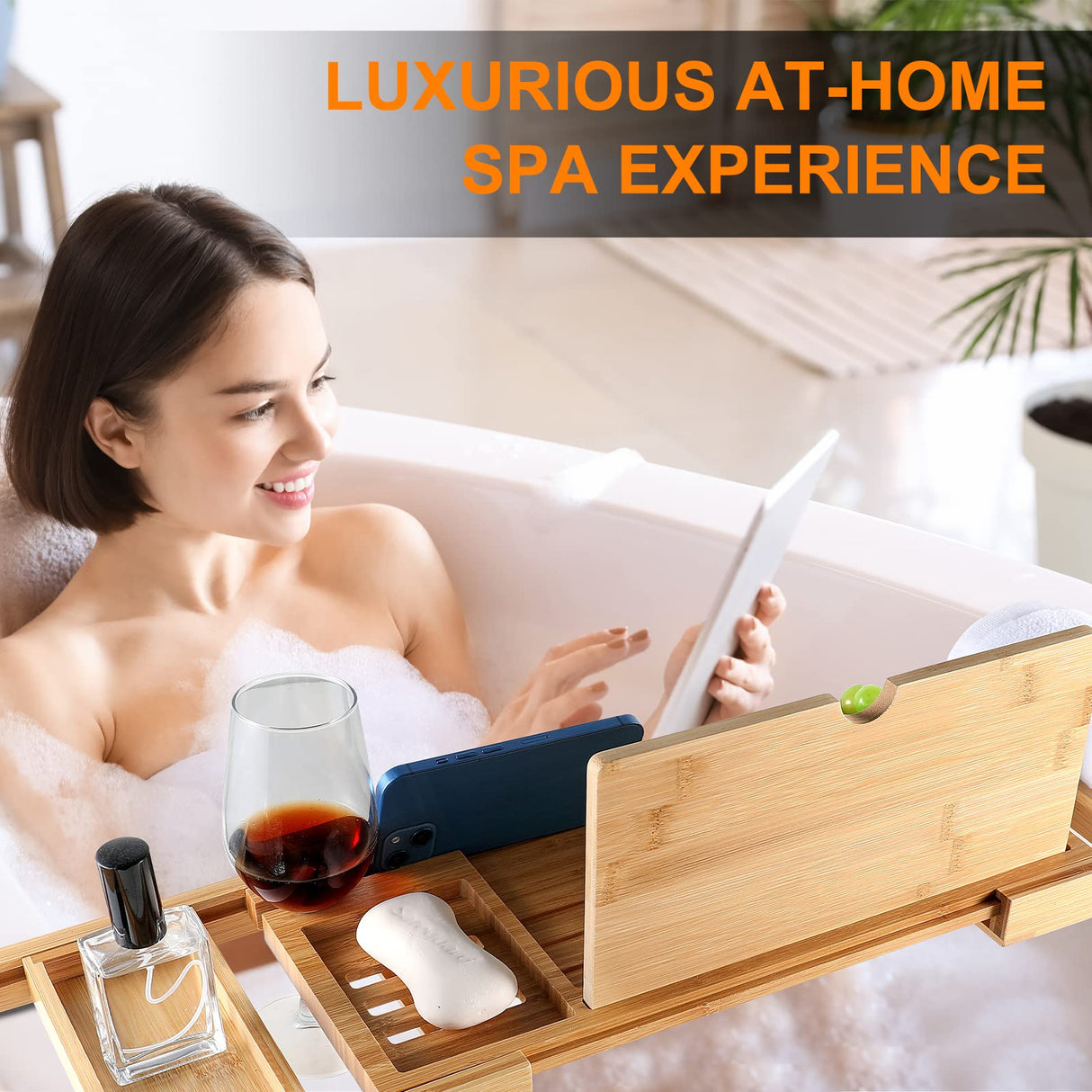 Premium Bathtub Caddy Tray for Tub, Bamboo Bath Tray for Tub with Extending Sides, Adjustable Bath Tub Tray Wood for Luxury Bath Fits Most Bath Tubs Bathtub Accessories Gift Idea BESHOF