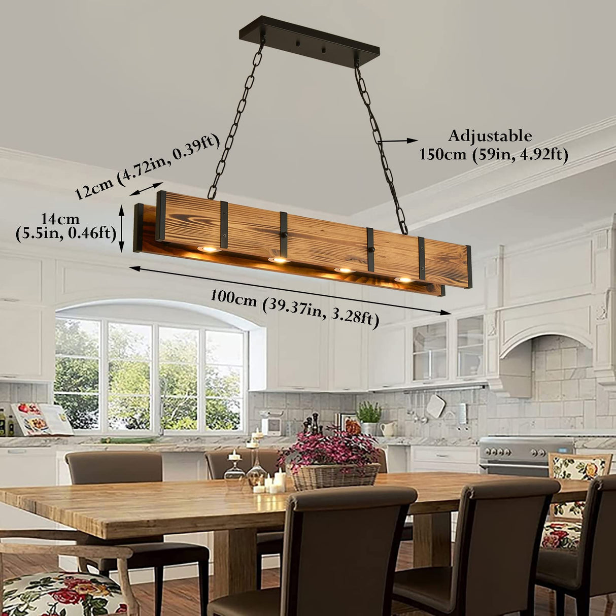 GUINGFBFIO Rustic Chandelier Farmhouse, Dining Room Light Fixtures Over Table with 4X3W LED Downlight, Wood Beam Light Fixture for Kitchen Island Bar Pool Table GUINGFBFIO