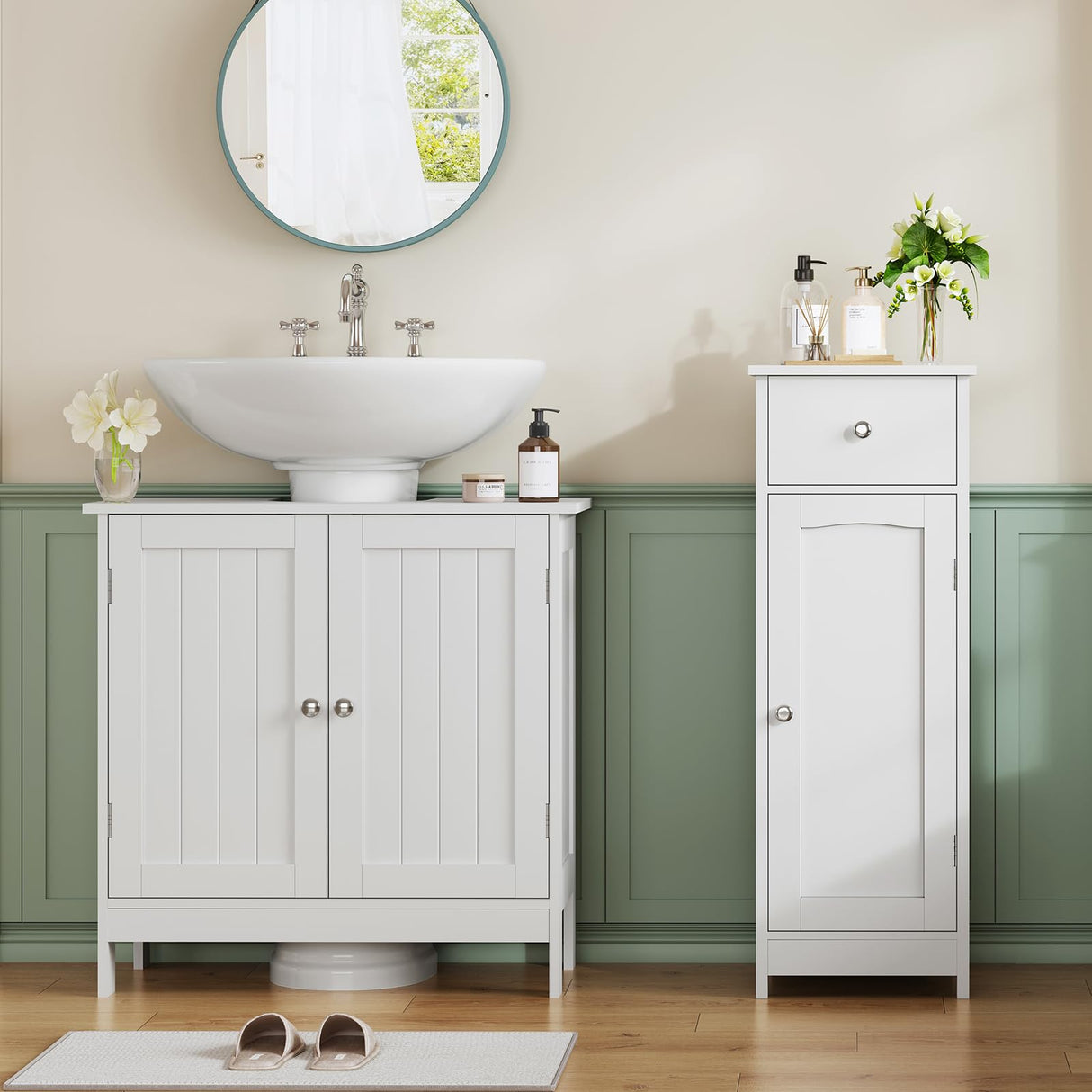 Iwell Bathroom Floor Cabinet, Small Bathroom Storage Cabinet with Drawer & Storage Shelf, Free-Standing Organizer Cabinets for Hallway/Living Room, White Iwell