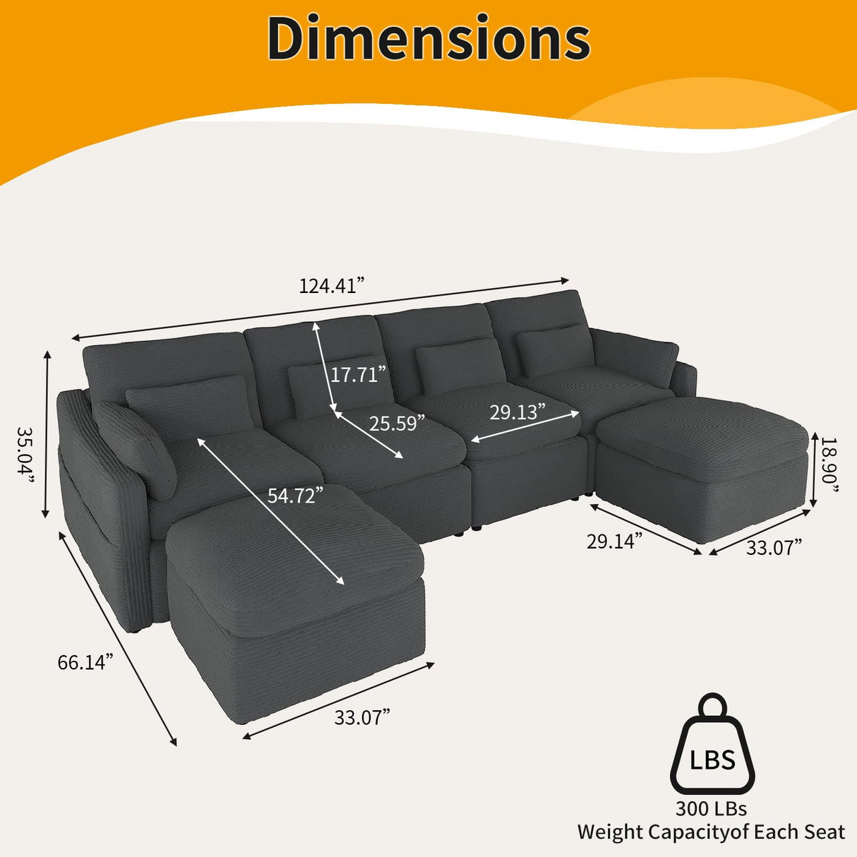 ISHUHL Cloud Modular Sectional Sofa, 124" Oversized Sectional Couches for Living Room, Convertible Deep Seat Sofa Set, Corduroy U Shaped Couch with 2 Ottoman (Dark Grey) ISHUHL