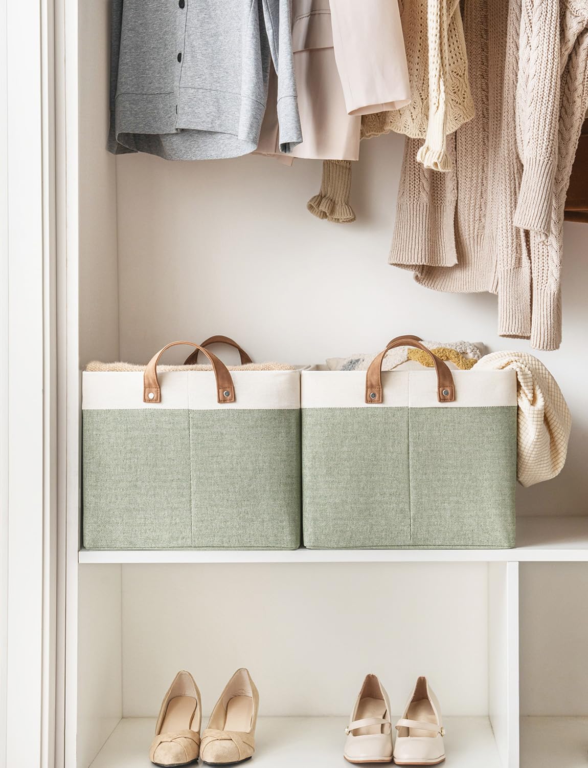 StorageWorks Storage Bins, Shelves Baskets for Organizing, 45L Extra Large Fabric Closet Organizers with Handles, Metal Frame, Green and White, 2-Pack StorageWorks