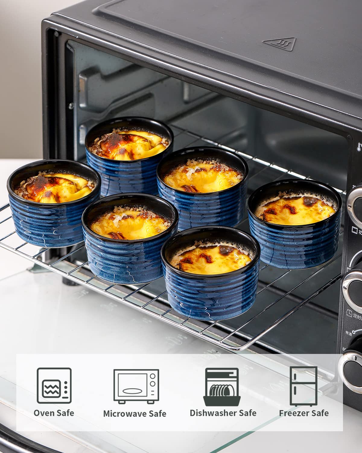Hasense 6 oz Ramekins for Baking,Ceramic Souffle Dish Oven Safe Set of 6,Porcelain Dipping Sauce Bowls for Pudding, Creme Brulee, Souffle, Serving Dip, Custard, Ice Cream(Blue) Hasense