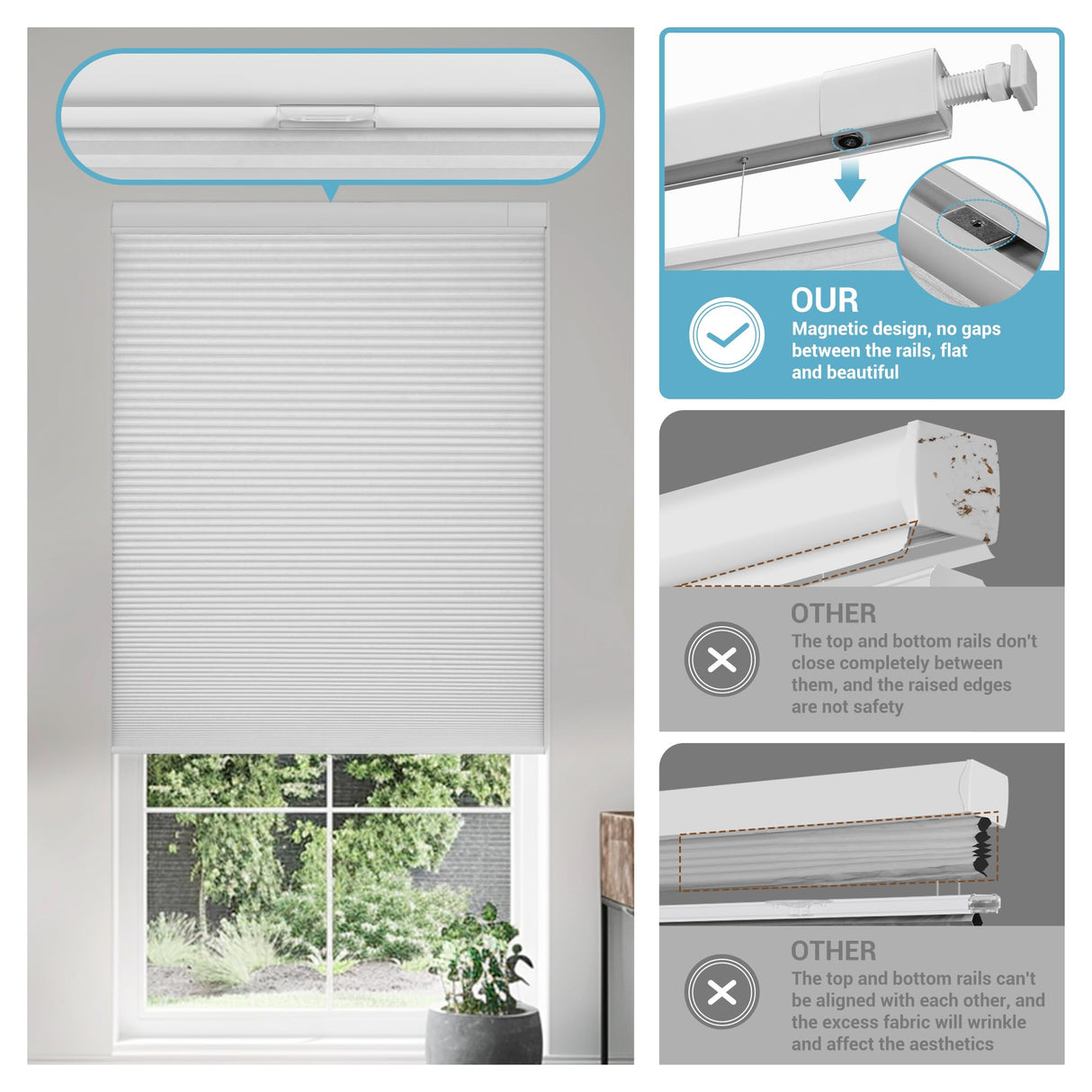 Boolegon No Drill No Tools Cellular Shades Top Down Bottom Up Honeycomb Blinds Blackout Cordless Window Blinds Easy to Install Cellular Shade for Windows,Blackout-White,Custom Size Boolegon