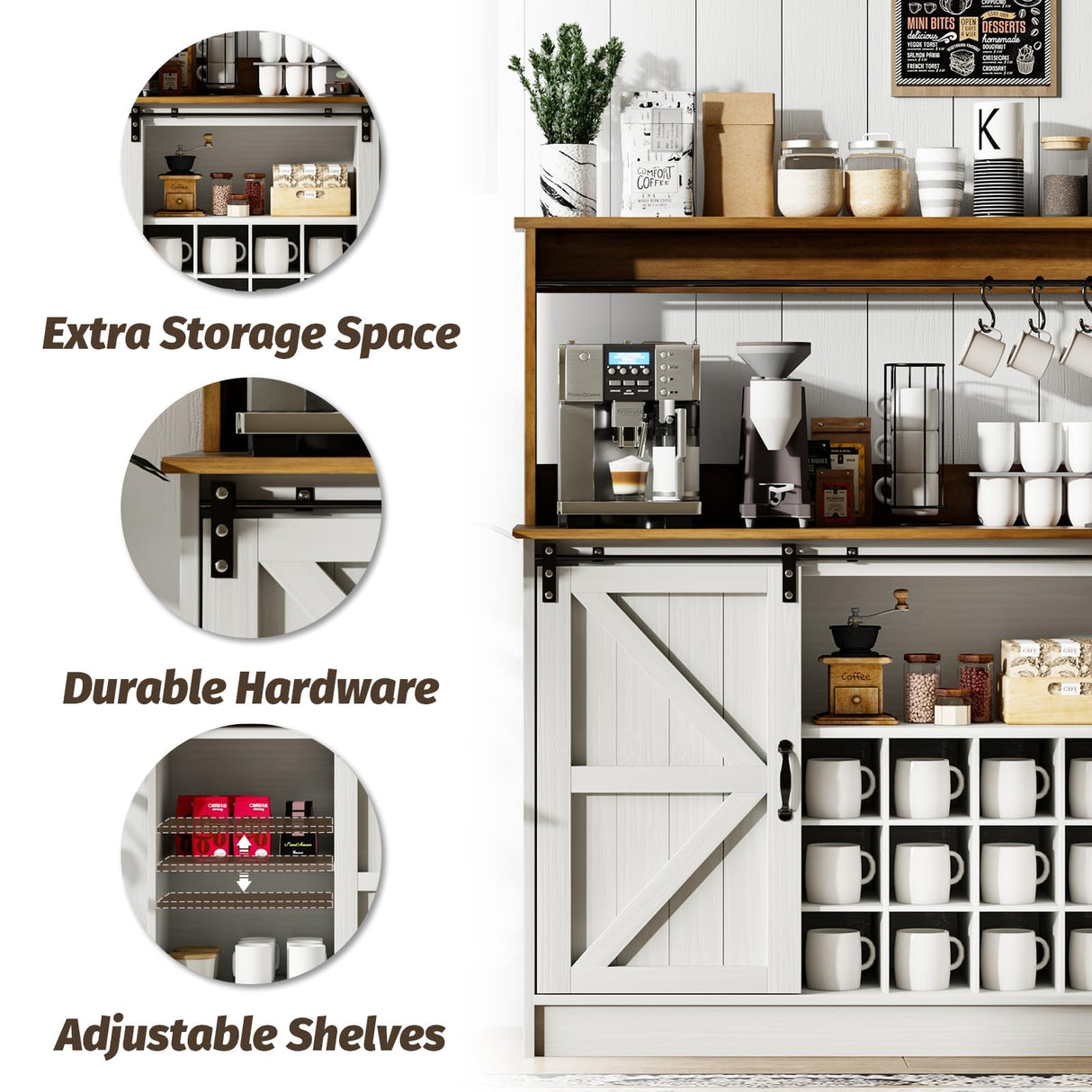 4ever2buy Farmhouse Coffee Bar Cabinet with 8 Hooks, 55” Kitchen Hutch Cabinet with Storage, White Coffee Bar with Sliding Barn Doors, Wine Bar Cabinet with 12 Racks for Living Dining Room 4ever2buy