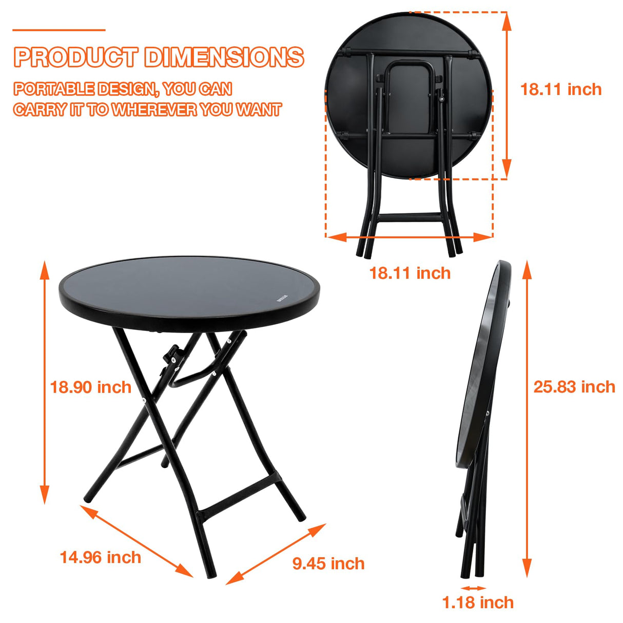 Garsing Outdoor Patio Round Side Table, Folding Bistro Table with Tempered Glass Tabletop, Compact Small Foldable Coffee Desk for Outside Use, Black Garsing Outdoor Leisure
