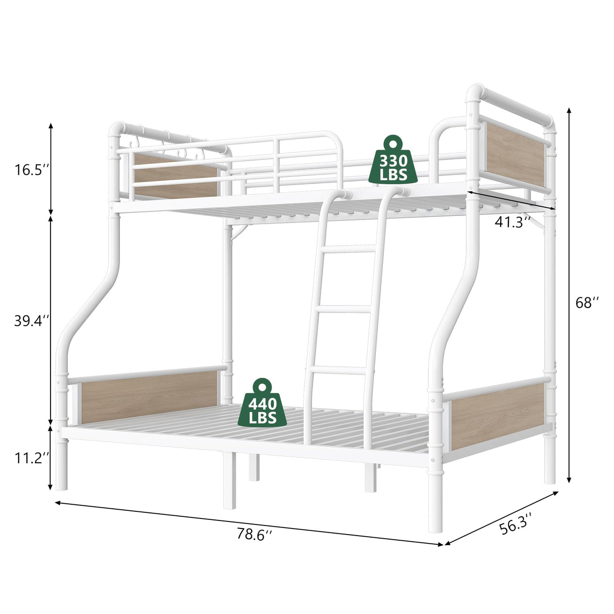 Jocoevol Bunk Bed Twin Over Full, Heavy Duty Metal Bunkbeds with Ladder and Full-Length Guardrail, Convertible into 2 Individual Beds for Kids, Teens and Adults, Under-Bed Storage Space, White Jocoevol
