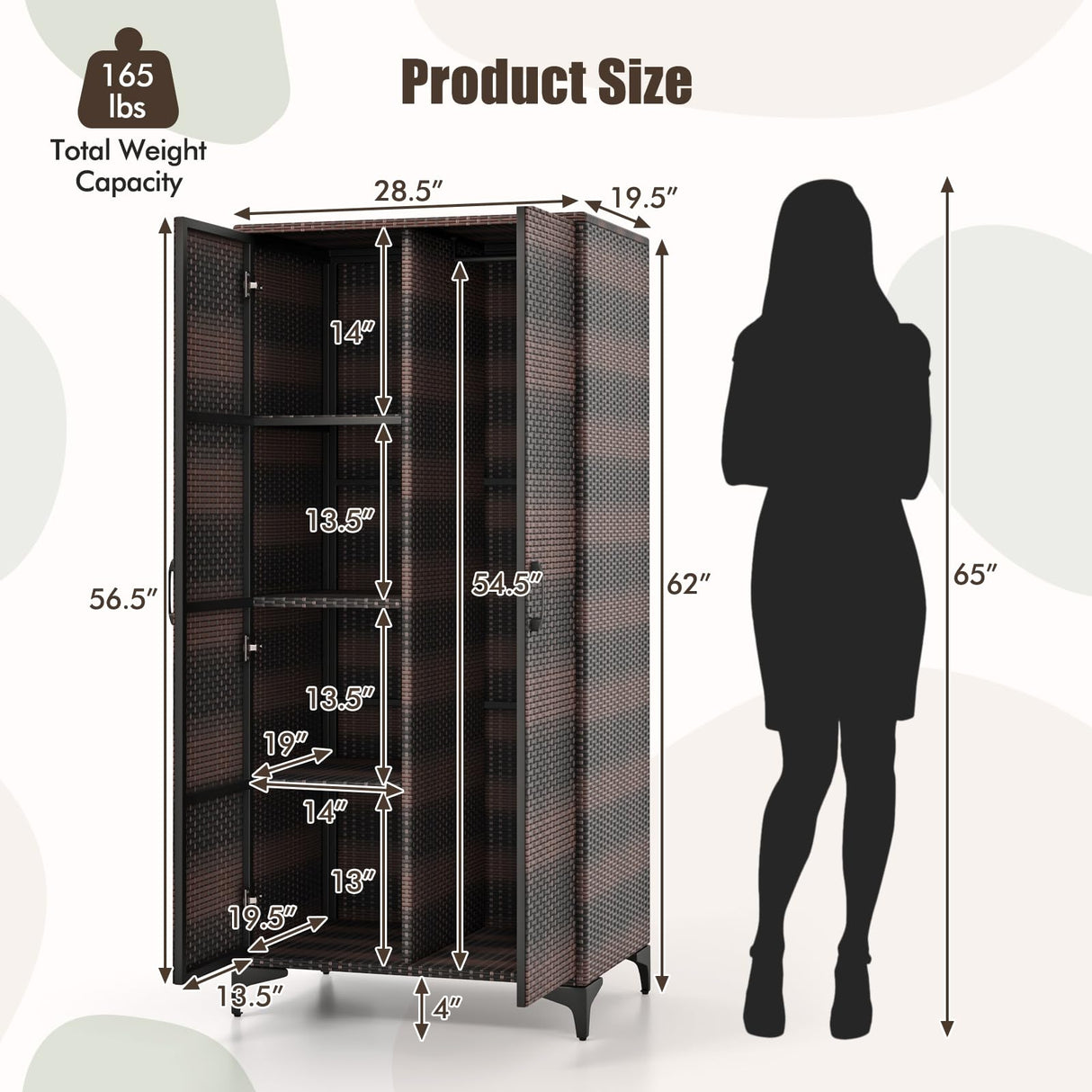Giantex Wicker Storage Cabinet, 62” Tall Pantry Cabinet with 2 Doors, Hanging Rod, 4 Storage Cubes, Metal Legs, Anti-Tipping Device, PE Rattan Storage Cabinet for Home Office, Garage Cabinets (Brown) Giantex