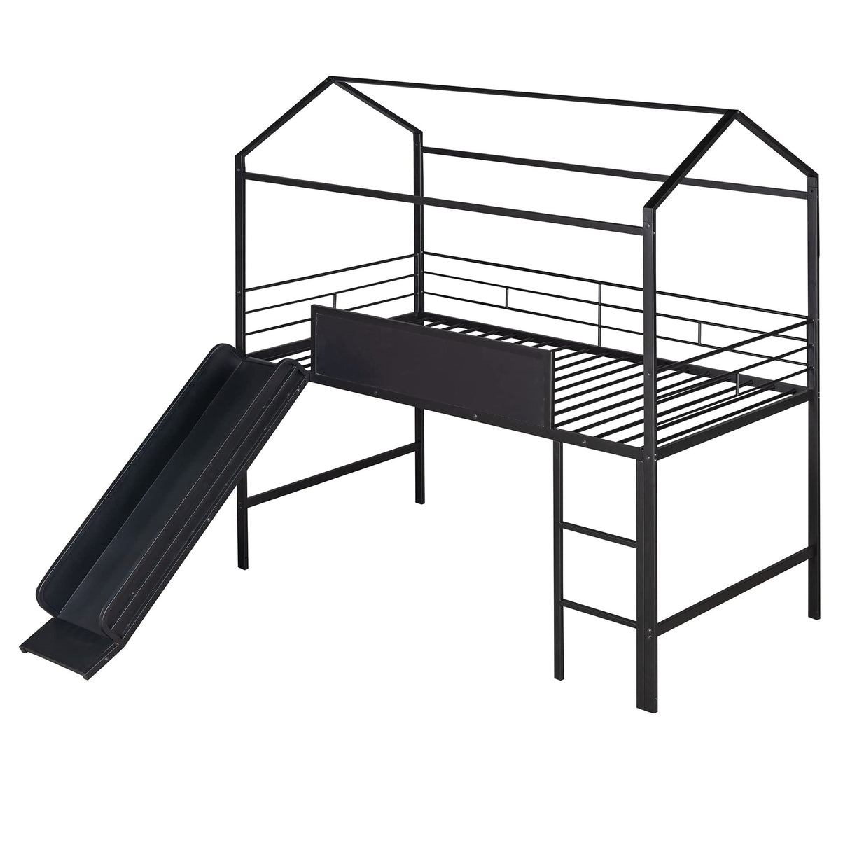 Twin House Loft Beds with Slide and Chalkboard, Low Loft Bed Twin Size, Metal House Bed with Guardrail and Ladder, Metal Twin Size Loft Bed for Kids Teens Girls Boys (Twin, Black) Harper & Bright Designs