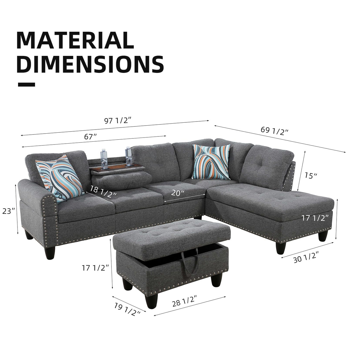 GlasFlength L Shaped Sectional Sofa with Ottoman, Nail-Head Design Leather Right Facing Modern Couches with Cup Holder for Living Room, Bedroom, Office, Black Leather GlasFlength