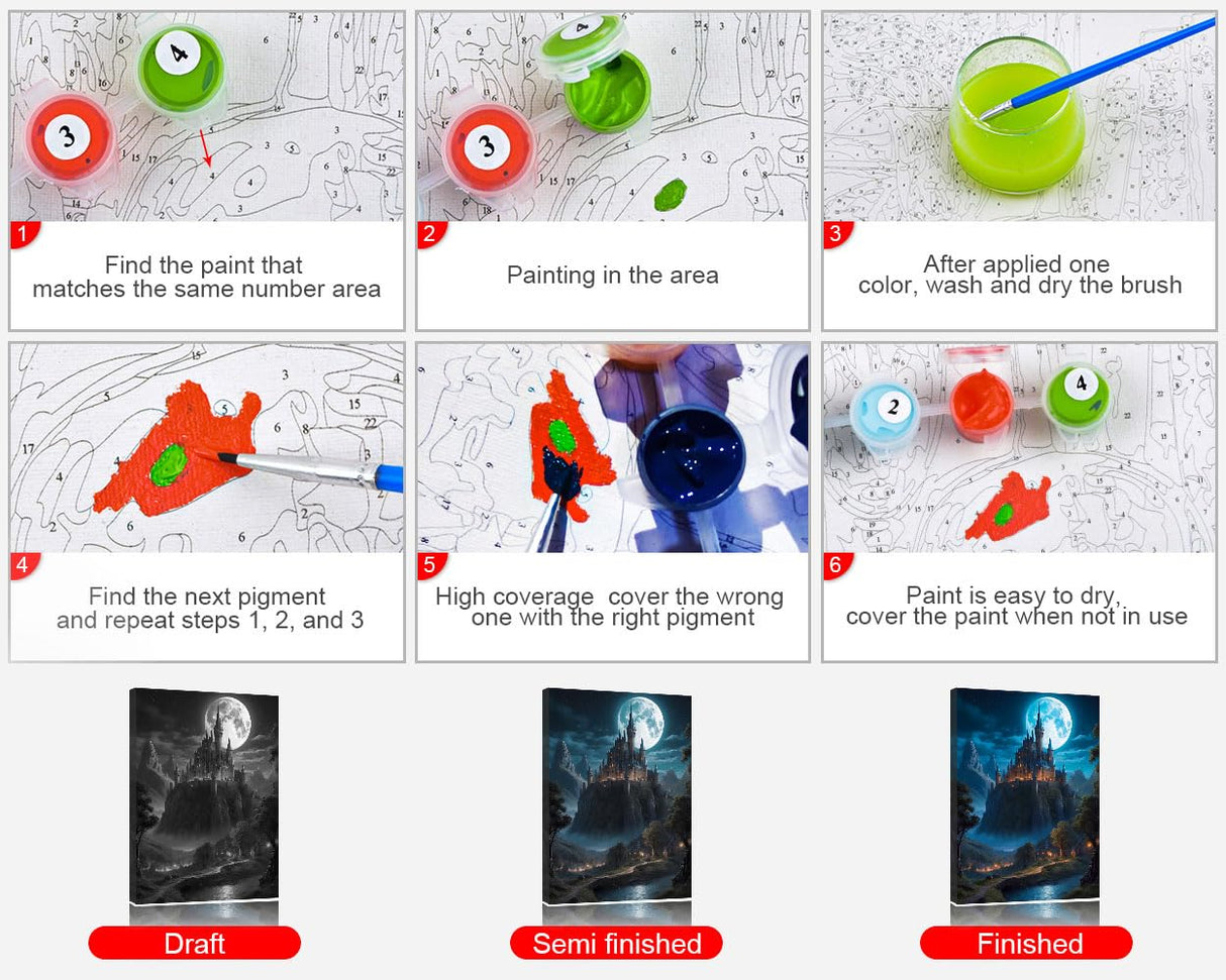 TUMOVO Castle Paint by Numbers Kit for Adults, Moonlight Adult Paint by Number Kits on Canvas, DIY Acrylic Oil Painting for Gift Home Wall Decor Fantasy Night Scene 16"x20"(Frameless) TUMOVO