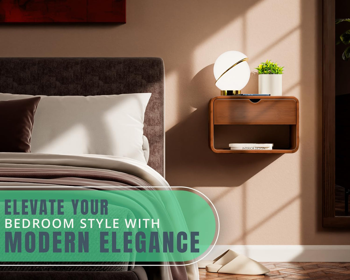 Comfify Modern Nightstand Bamboo Floating Nightstand with Drawer - Brown- Small Nightstand with Midcentury Modern Vibe - Unique Design, Easy Installation, Clear Instructions Comfify