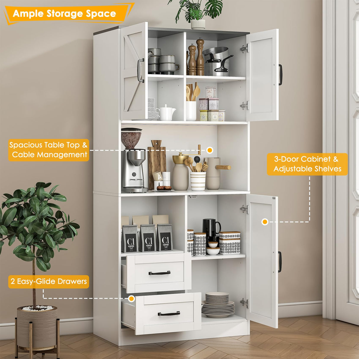 HAUXITIO Kitchen Pantry Storage Cabinet - with LED Lights and Power Strip, 68" Tall Food Pantry Hutch Organizer with Countertop, 2 Drawers, 3 Doors, Adjustable Shelves for Dining Living Room, White HAUXITIO