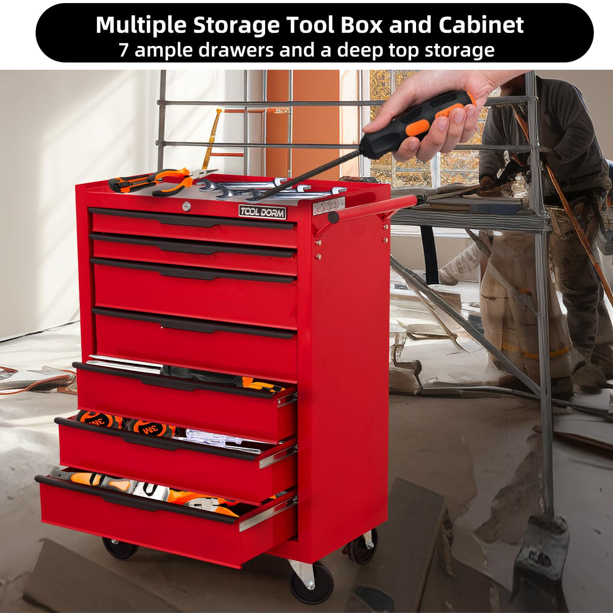 7-Drawer Rolling Tool Chest Cabinet, Large Capacity Metal Tool Box with Wheels and Keyed Locking, Roll Around Storage Organizer Tool Cart for Garage, Warehouse, Work Shop - Red TOOL DORM