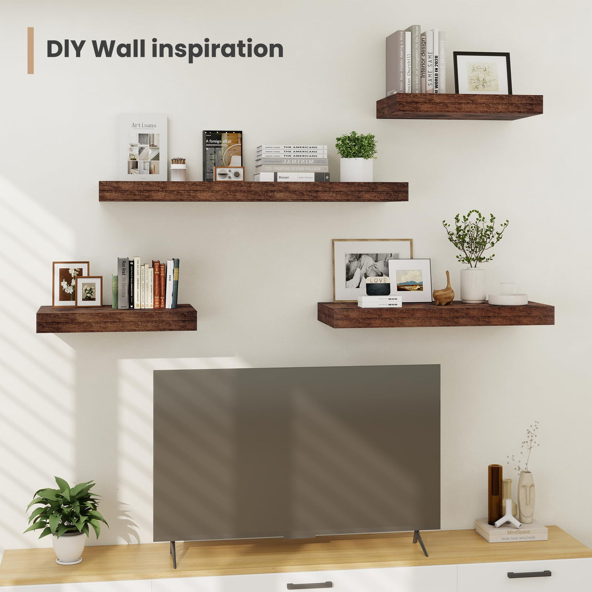 Heimlove 12" Deep Floating Shelves, 36 x 12 Inch Wall Mounted Long Floating Shelf with Invisible Brackets, for Home Decor, Bedroom, Kitchen, Living Room, Bathroom - 2 Pack, Rustic Brown Heimlove