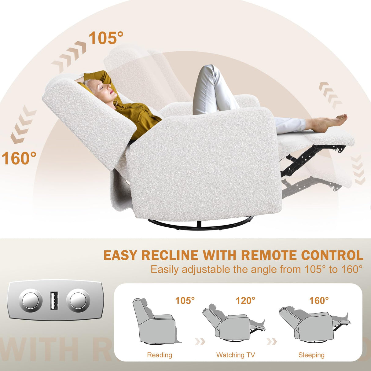 SENYUN Power Recliner Chair Swivel Glider, Large Rocker Recliner w/USB Charging Port, Boucle Upholstered Swivel Rocker Glider Recliner for Nursery,Bedroom,Living Room, 1PC, Cream SENYUN