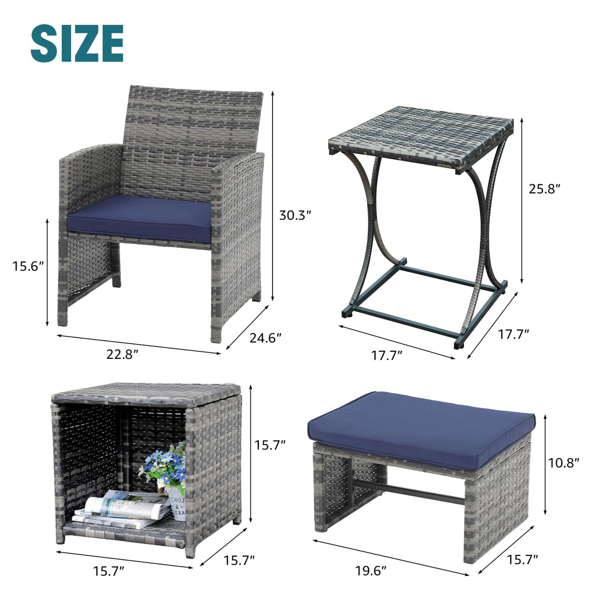 OC Orange-Casual 6 Piece Patio Furniture Conversation Set with Ottoman, Outdoor Grey Wicker Chair and Table Set, Balcony Furniture for Apartments, Navy Blue OC Orange-Casual