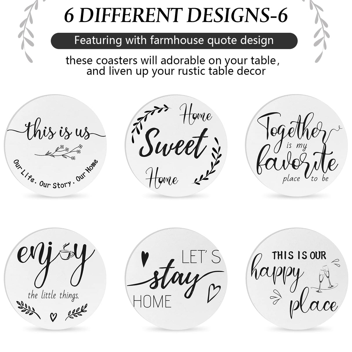 Queekay Housewarming Gifts for Home Decoration Wooden Heart Coasters for Drinks 6 Set Farmhouse Coasters with Holder Funny for Family Coffee Table Protection, 4''(Gray, White) Queekay