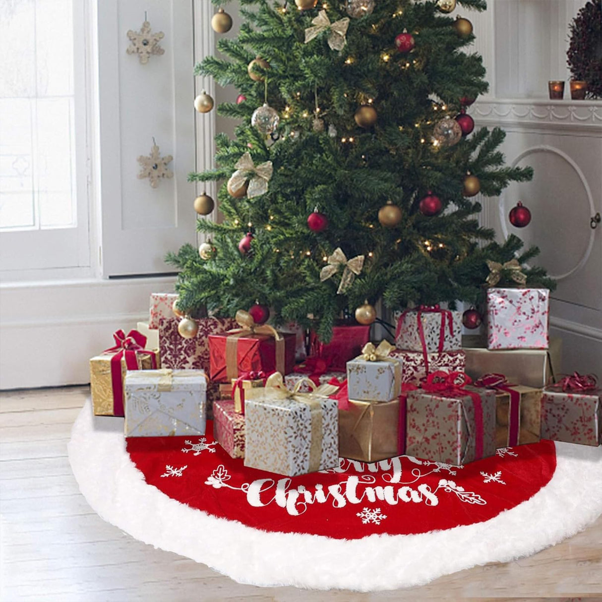 48 Inch Christmas Tree Plush Skirt,Faux Fur Christmas Tree Skirt with Snowflakes,Christmas Decorations Tree Base Skirt for Xmas Tree Decoration,Holiday Home Party Decor GAFYMI