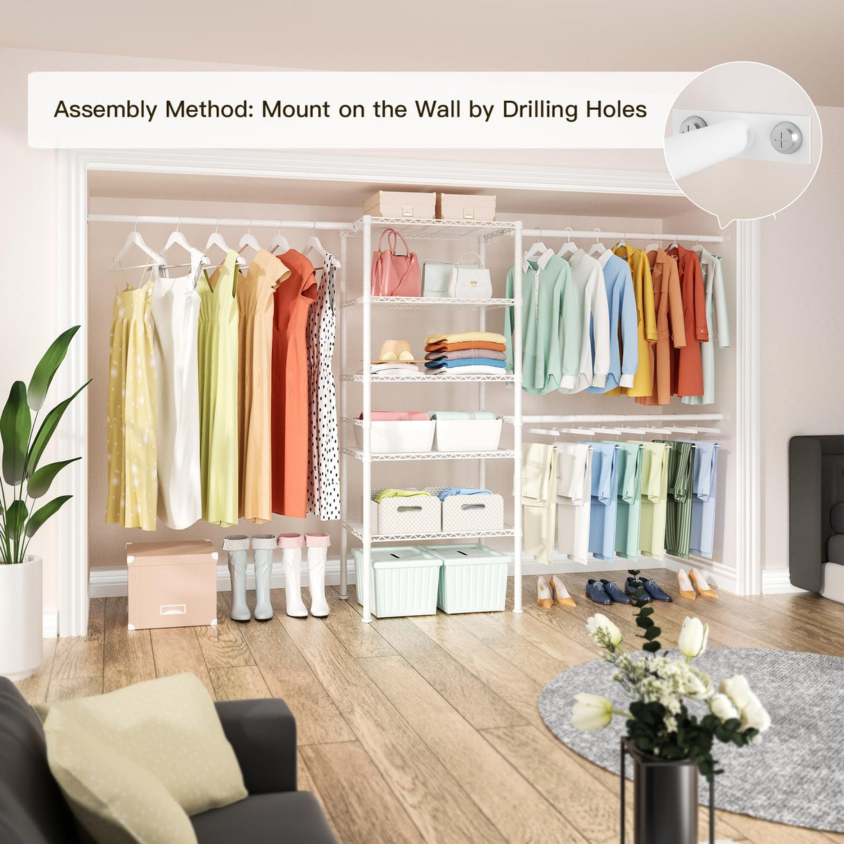 Ulif M2 Closet Organizer System, 5.9 Feet Height Mounted to the Wall Garment Rack with 4 Expandable Hanger Rods, 5 Shelves in 23.6" L x 14.5" W, Suit Total Space from 5.8-8.8 ft, White Ulif