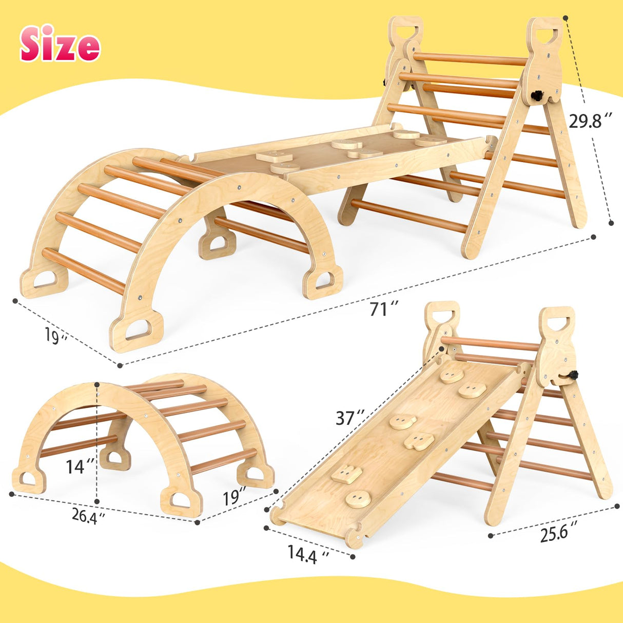 Xickboke Pikler Triangle Set Montessori Play Gym Climbing Toys for Toddlers 1-3 Inside Wooden Baby Play Gym Toddler Slides Indoor and Outdoor Play Xickboke