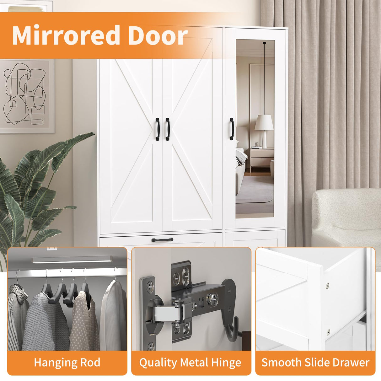 Hosnnile 72'' Armoire Wardrobe Closet with Mirror Door & Light, Farmhouse Bedroom Clothes Cabinet with 4 Doorrs + Hanging Rod + 2 Drawers, Wooden Wardrobe Cabinet with Adjustable Shelf for Bedroom Hosnnile