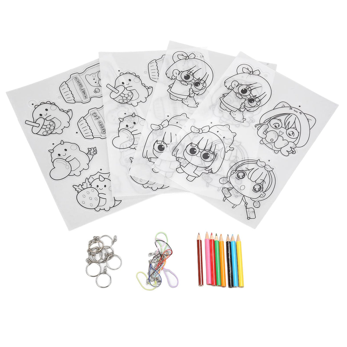 Shrinky Dink Sheets Set, Cartoon Dinosaurs and Girls Pattern Shrinky Plastic Sheet Kit with 10pcs Key Rings and Small Lanyards DIY Accessories for Crafts, Jewelry Making Cyrank