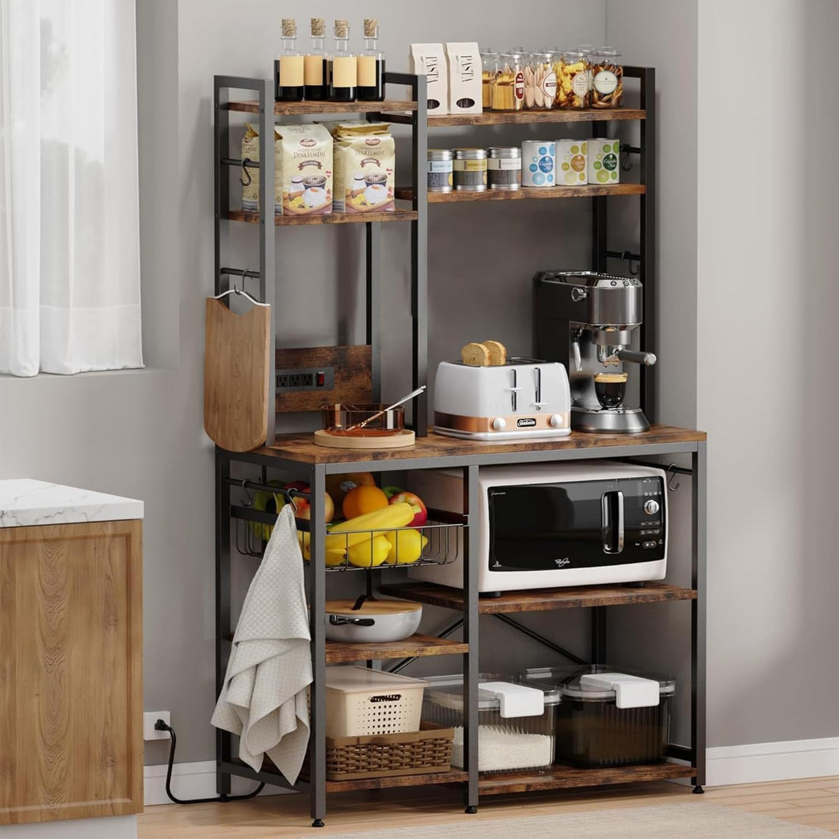 Standing Kitchen Baker’s Rack, Bakers Rack with Power Outlet, 6-Tier Microwave Stand, Coffee Bar with 12 S-Shaped Hooks, Kitchen Shelf with Storage, Coffee Bar Station, for Rustic Brown Cheersstar