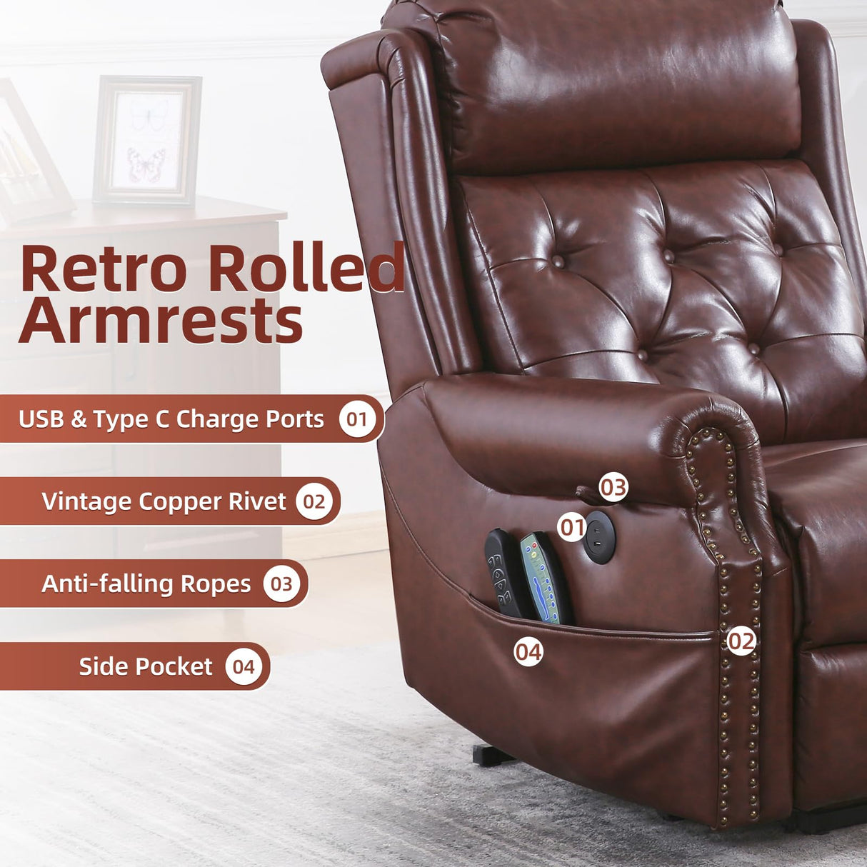 RUTOX Large Power Lift Recliner Chair for Elderly, Lay Flat Lift Chair with Adjustable Headrest, Leather Recliner Lift Chairs with Massage and Heat,Infinite Position, Extended Footrest, Brown RUTOX