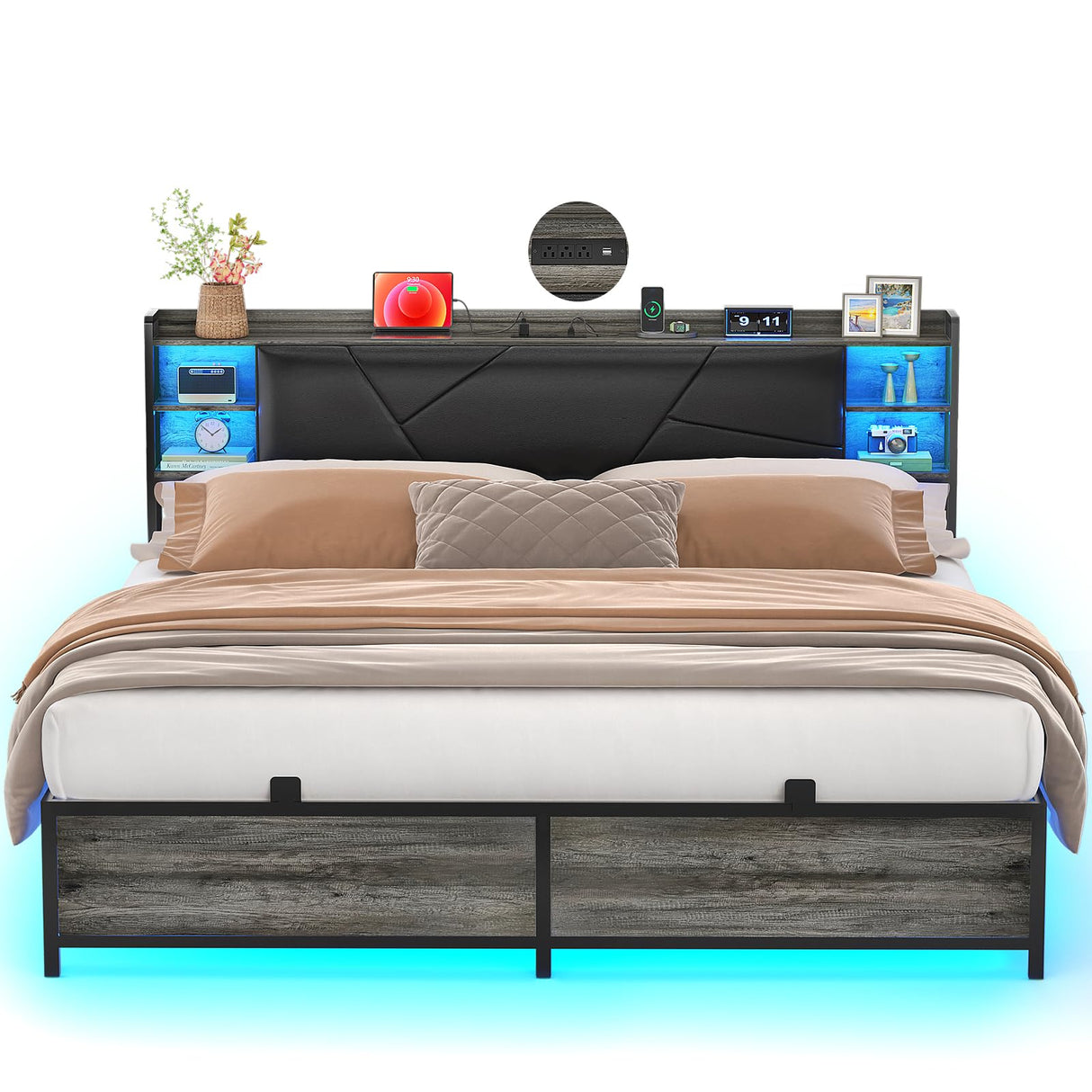 Unikito King Size Bed Frame with LED Lights, Power Outlets, and Upholstered Headboard in Black Oak Unikito