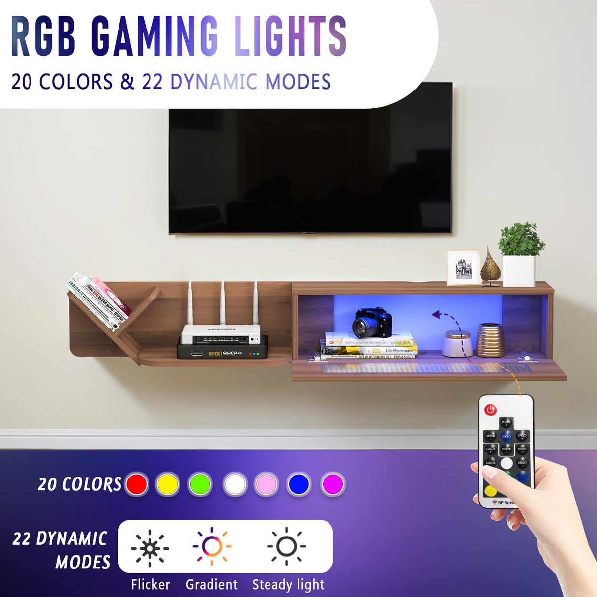 Pmnianhua Rustic Floaing TV Stand with LED Lights,59'' Wall Mounted Media Console,Floating Entertainment Center,Floating Shelf with Glass Door and Storage for Under TV Projector(White) Pmnianhua