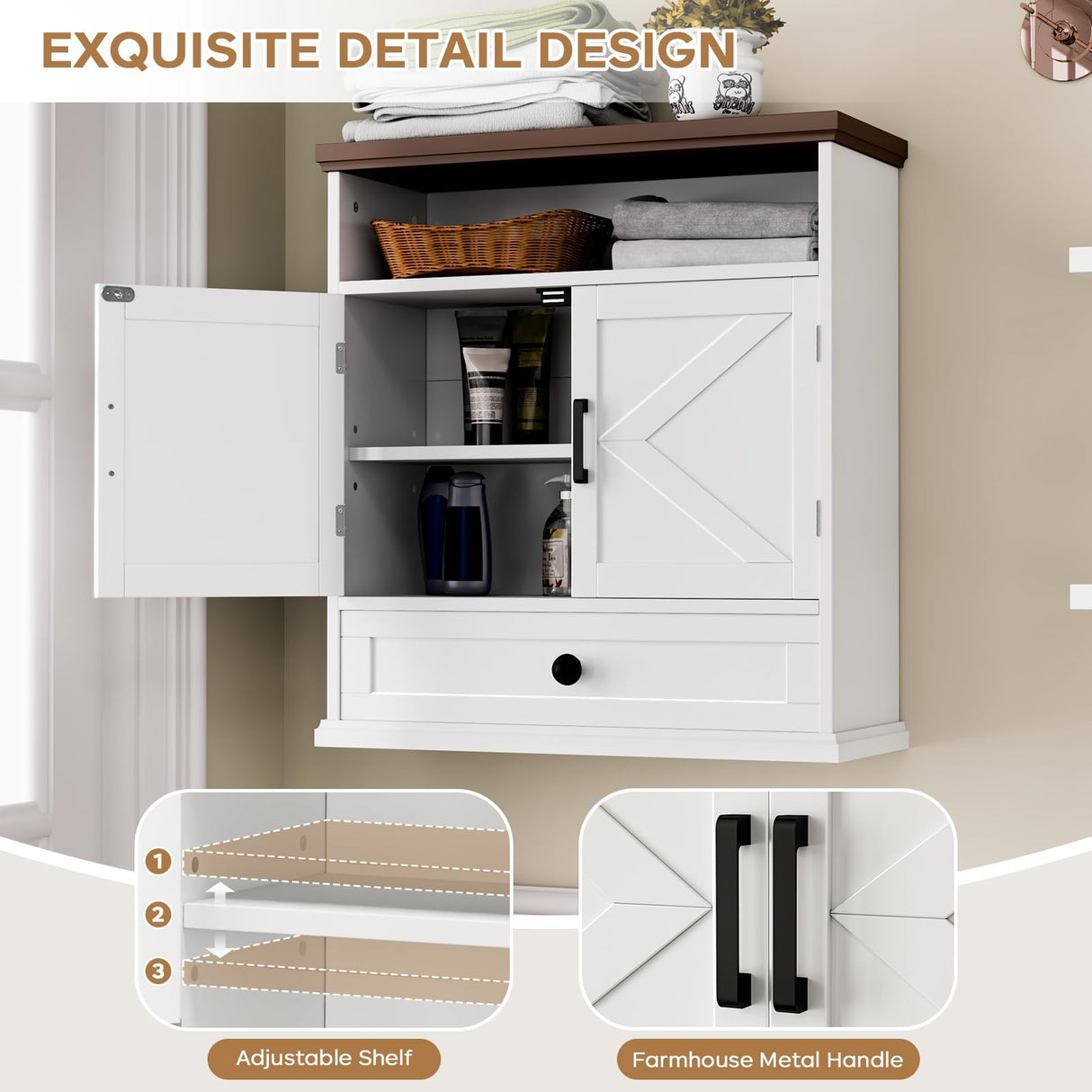 Bathroom Wall Cabinet, Farmhouse Wall Mounted Medicine Cabinet with Drawer, Barn Doors and Adjustable Shelf, 25"H x 23.6"W x 9"D White Over Toilet Storage Cabinet for Kitchen, Laundry Room, Entryway Viroformo