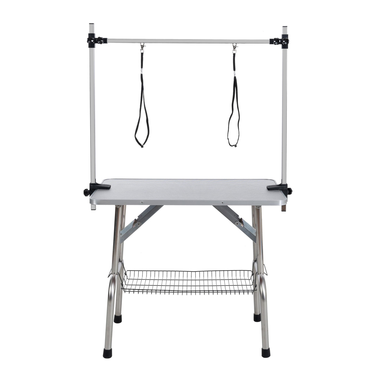 36" Pet Dog Grooming Table, Foldable Stainless Steel Frame Pet Drying Grooming Table Up to 330lbs, Professional Bathing Desk for Dogs at Home with Adjustable Overhead Arms, Noose, Mesh Tray, Silvery Afqxf