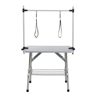 36" Pet Dog Grooming Table, Foldable Stainless Steel Frame Pet Drying Grooming Table Up to 330lbs, Professional Bathing Desk for Dogs at Home with Adjustable Overhead Arms, Noose, Mesh Tray, Silvery