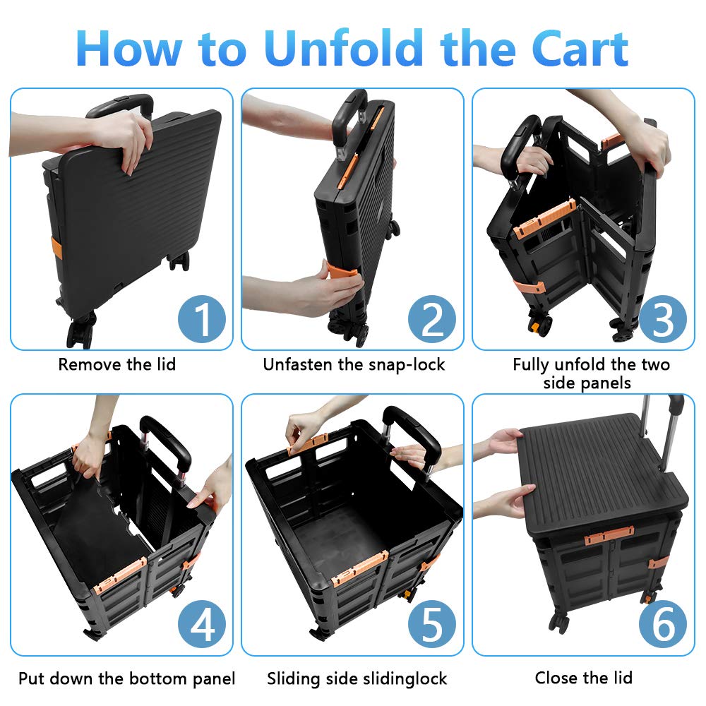 FELICON SELORSS Foldable Utility Cart Folding Portable Rolling Crate Handcart with Durable Heavy Duty Plastic Telescoping Handle Collapsible 4 Rotate Wheels for Travel Shop Move Luggage Office(Black) FELICON