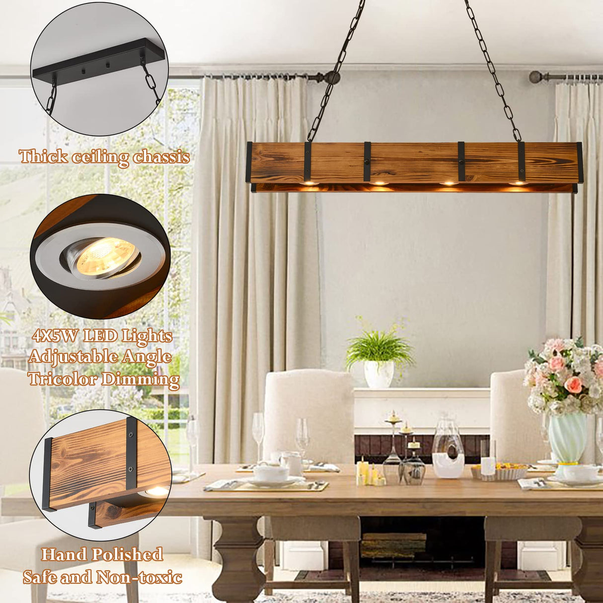 Rustic Wood Chandeliers, Wood Pendant Lighting with 4x5w LED 3 Color Change Light, Farmhouse Rectangle Dining Room Chandelier Industrial Hanging Light for Kitchen Island Pool Table TEINIE