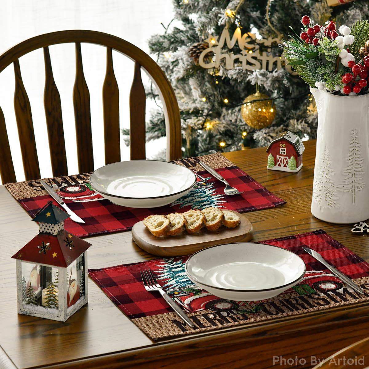 Artoid Mode Red and Black Buffalo Plaid Truck Merry Christmas Placemats Set of 4, 12x18 Inch Xmas Tree Winter Table Mats for Party Kitchen Dining Decoration Artoid Mode
